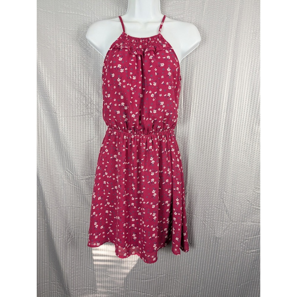 Mi Ami Magenta Pink Floral Halter Mini Dress XS Smocked Ruffle Neck Chiffon Boho